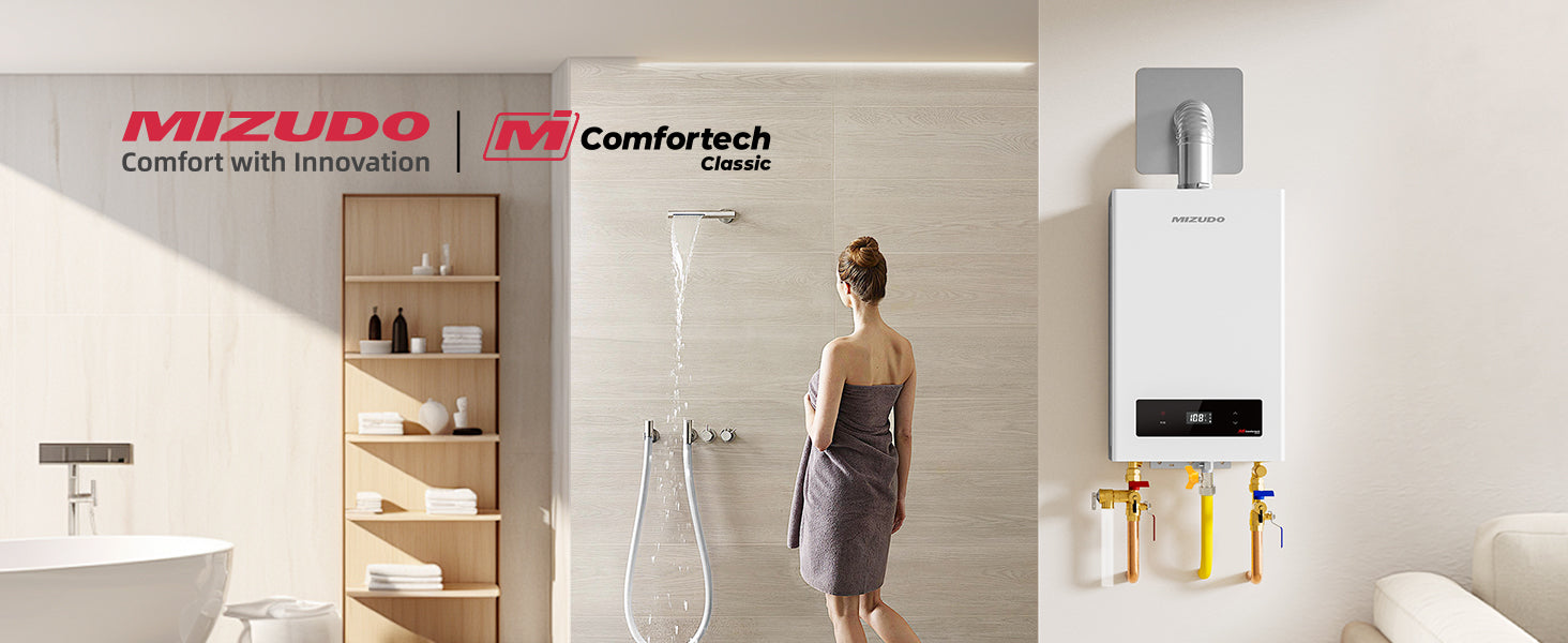 Mizudo gas tankless water heater provides endless hot water for a relaxing shower in a modern bathroom