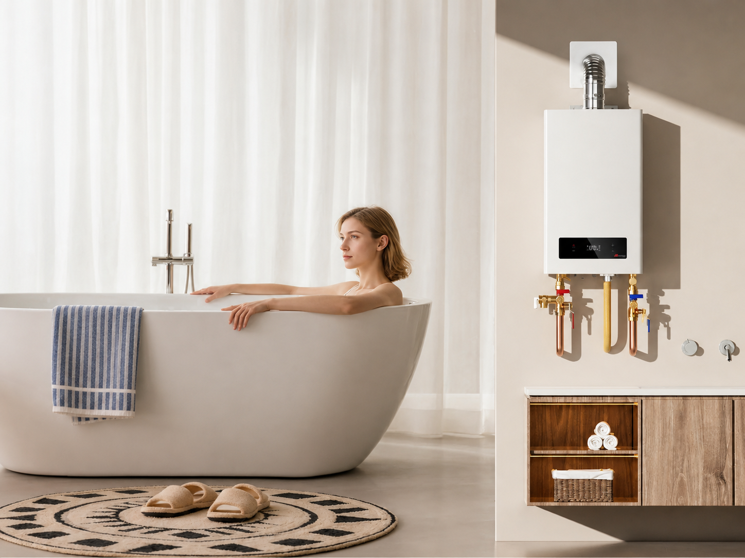 Indoor propane tankless water heater in a modern bathroom, illustrating household hot water use and propane consumption.