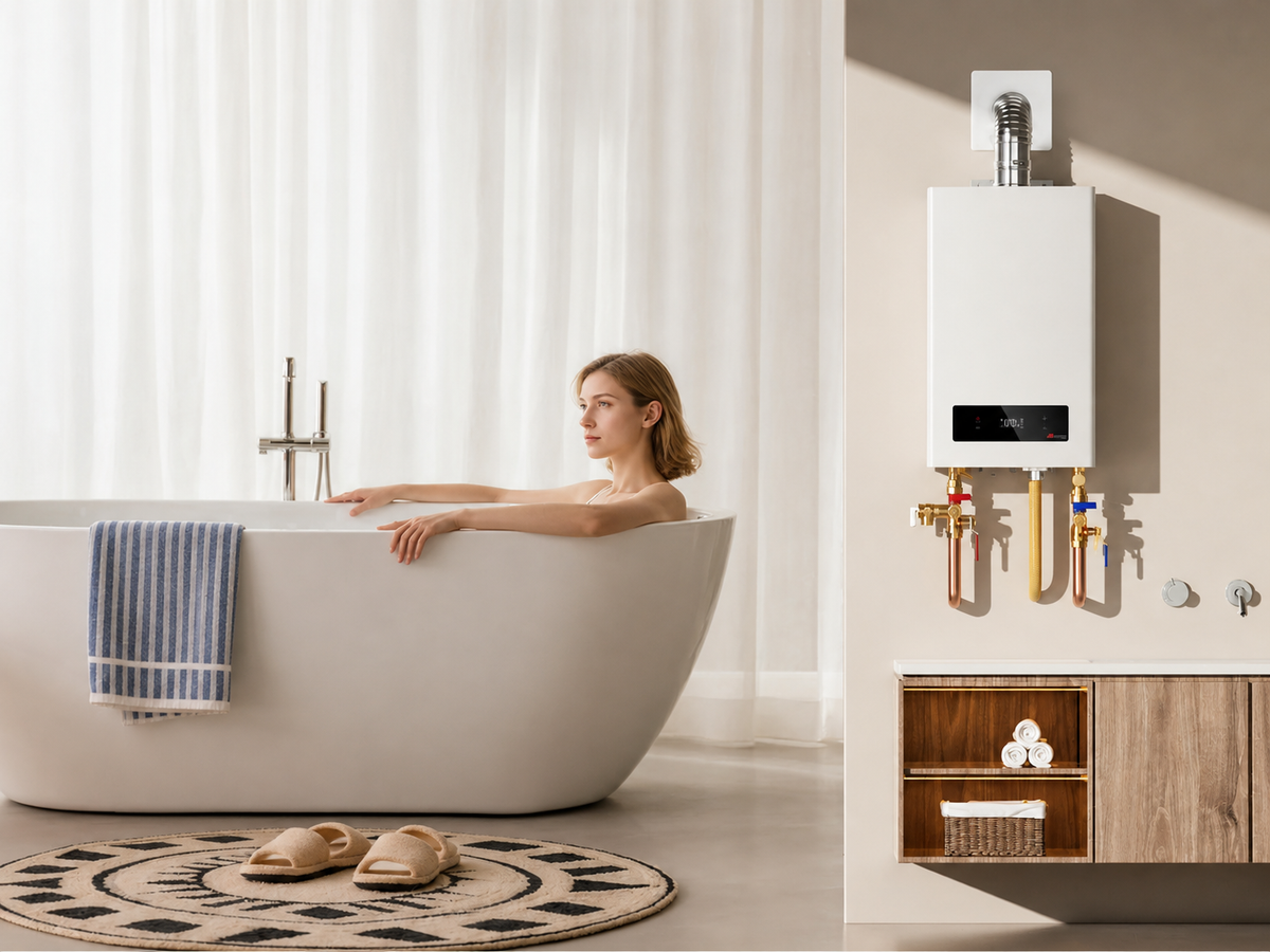 Indoor propane tankless water heater in a modern bathroom, illustrating household hot water use and propane consumption.