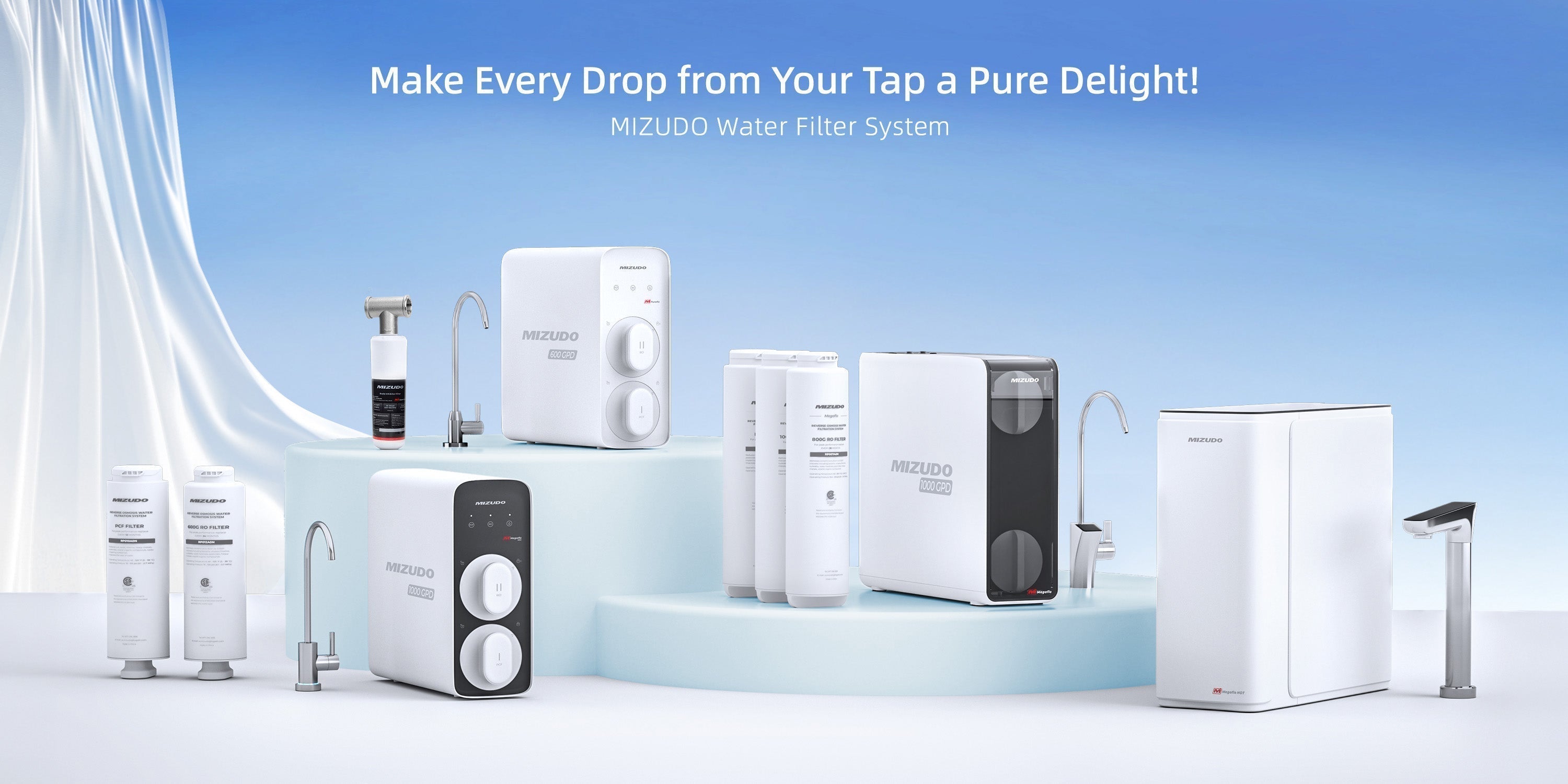 Mizudo under-sink water filter systems lineup, the best permanent solution on how to make tap water taste better.