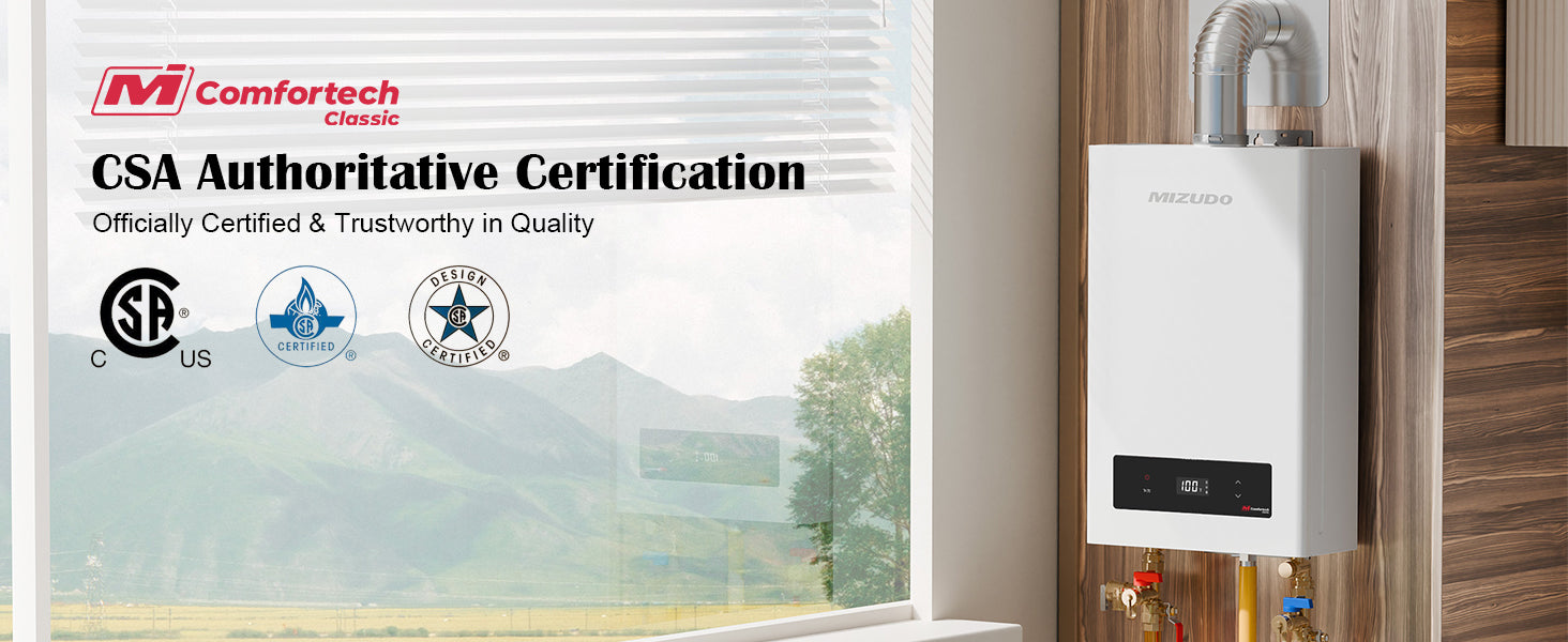 A modern MIZUDO electric tankless water heater installed on a wall, featuring official CSA authoritative certification badges for safety and quality trust.