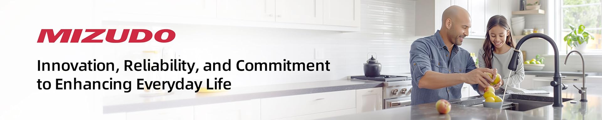 Mizudo electric tankless water heater banner showing a happy father and daughter washing fruit at a modern kitchen sink, representing reliability and endless hot water