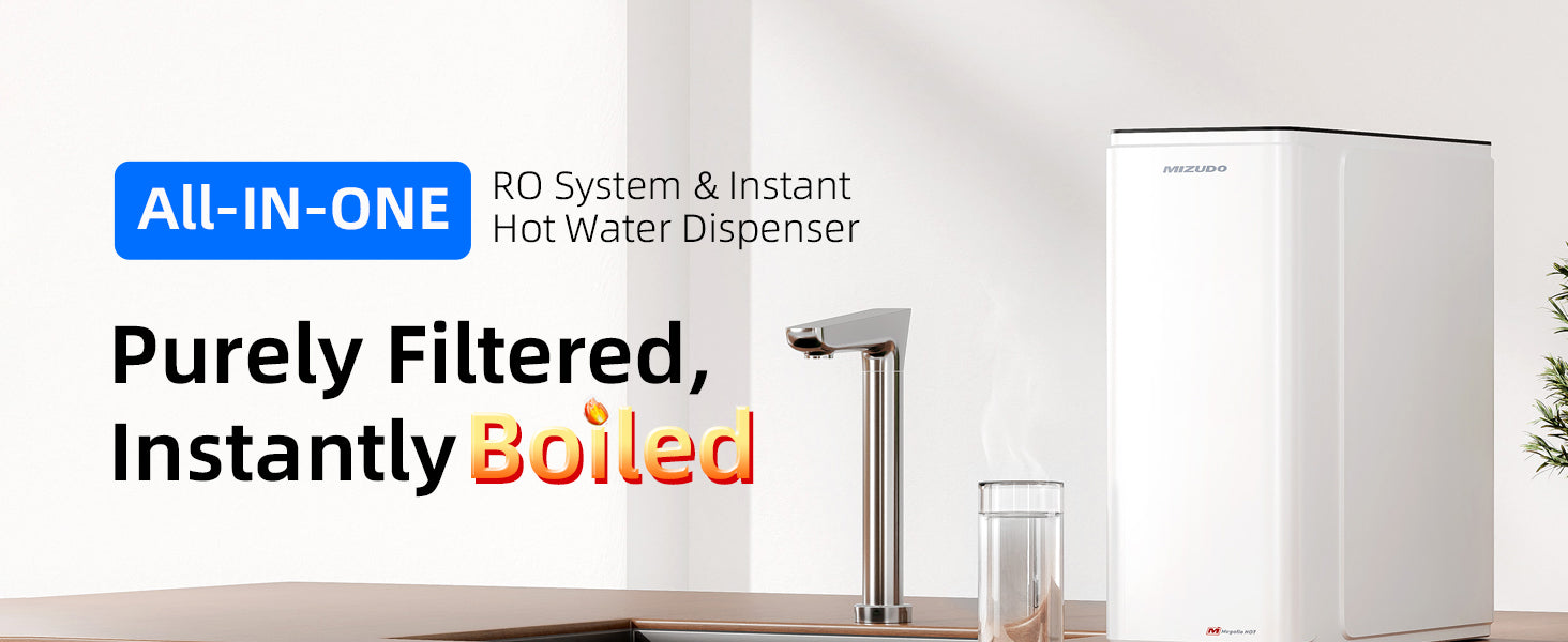 MIZUDO All-In-One Under Sink Reverse Osmosis System and Instant Hot Water Dispenser in a modern kitchen setting