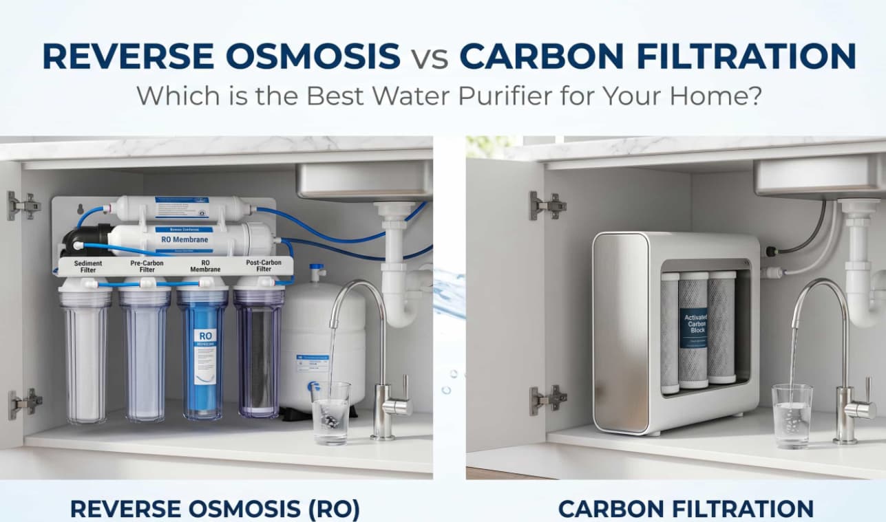 Side-by-side comparison of reverse osmosis vs carbon filtration under-sink water purifier systems.