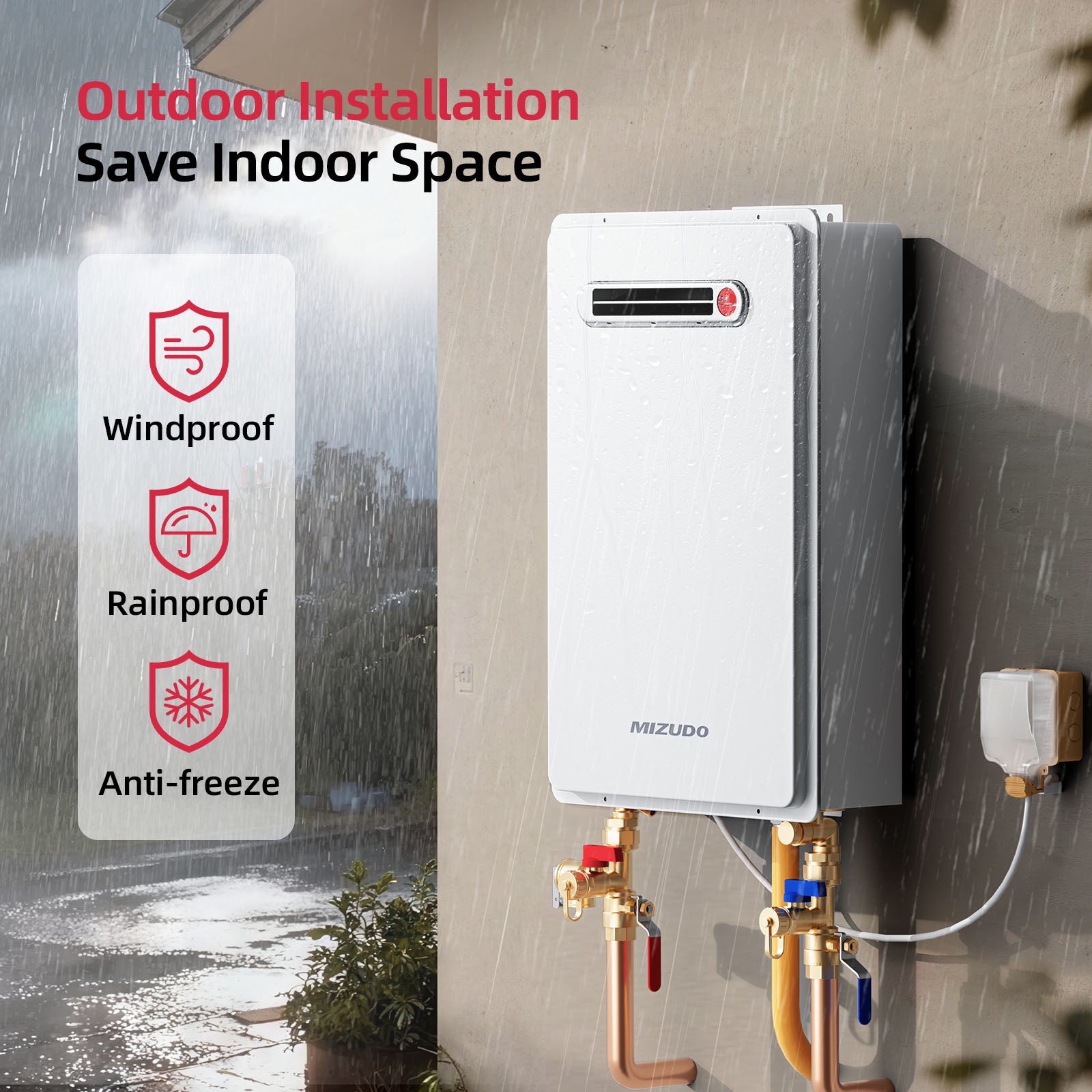 8.1 GPM 180,000 BTU Natural Gas Outdoor Tankless Water Heater - Valve Kit Bundle | Mizudo