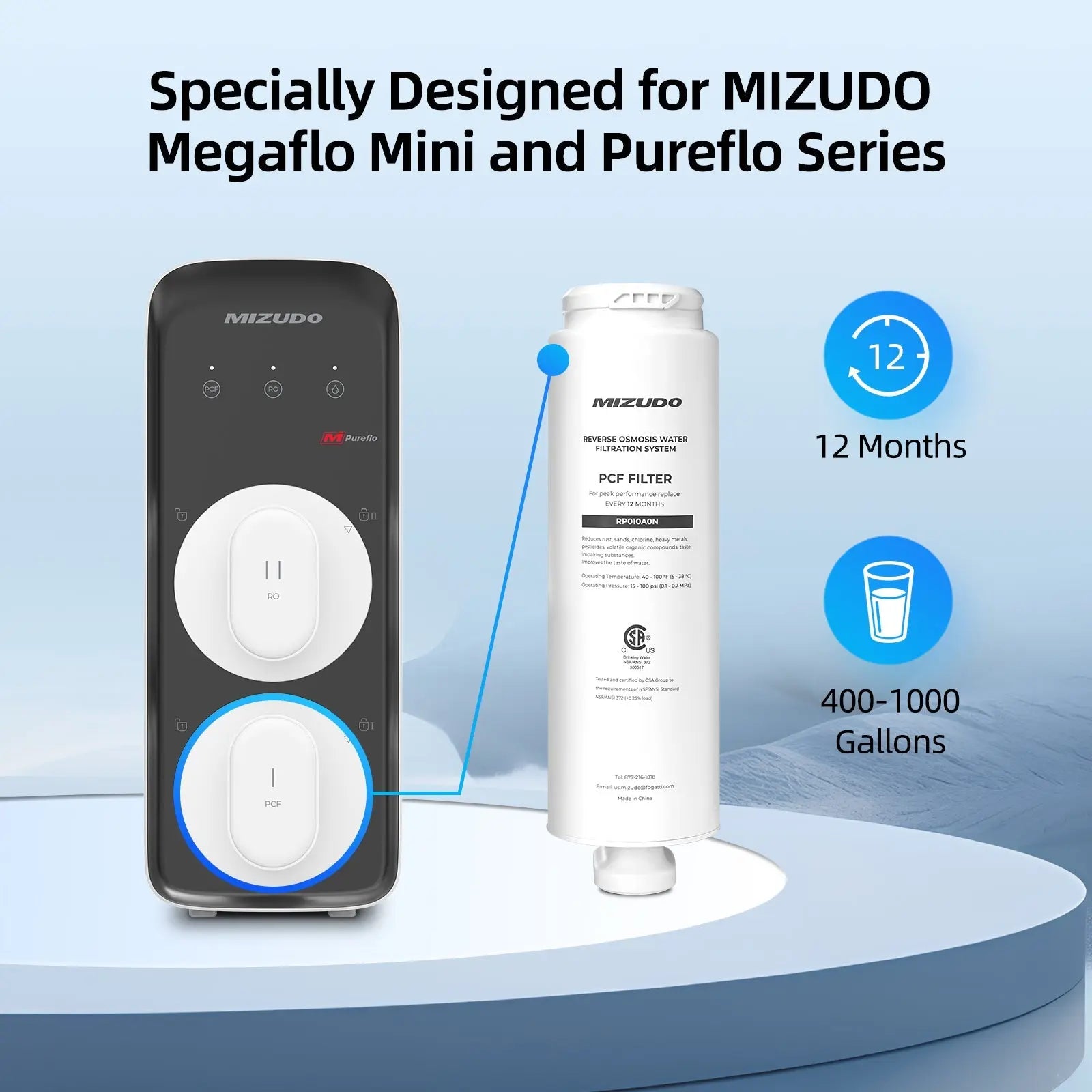PCF Filter for Mizudo Pureflo & Megaflo Mini Reverse Osmosis Water Filter, Tankless Under Sink RO Water Filtration System