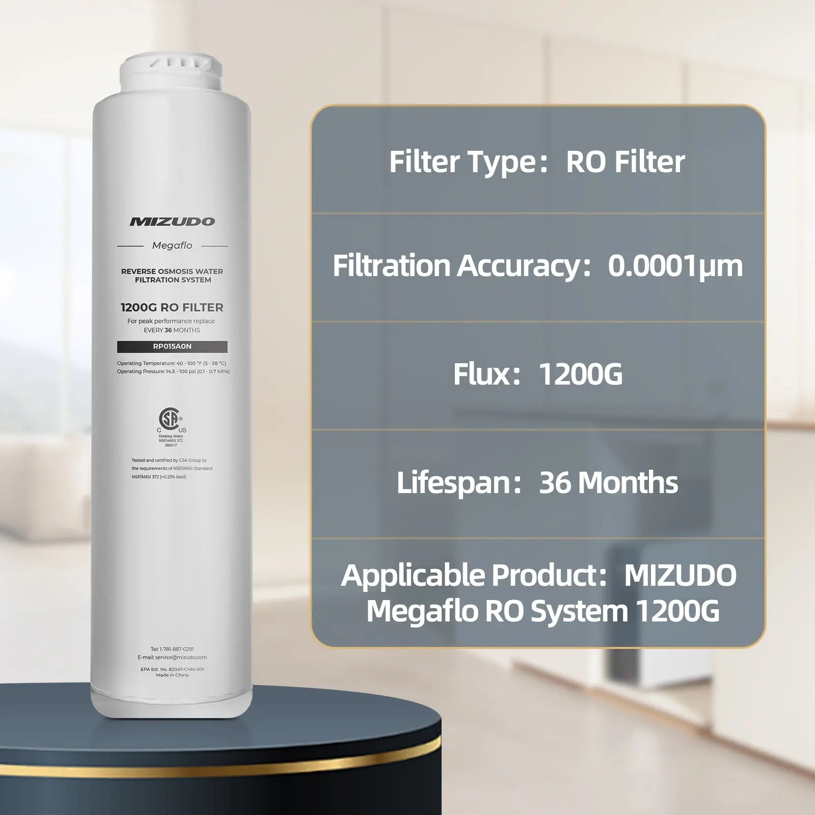 1200GPD RO Membrane Filter, Reverse Osmosis System Replacement, 0.0001 Micron, 36-Month Lifetime