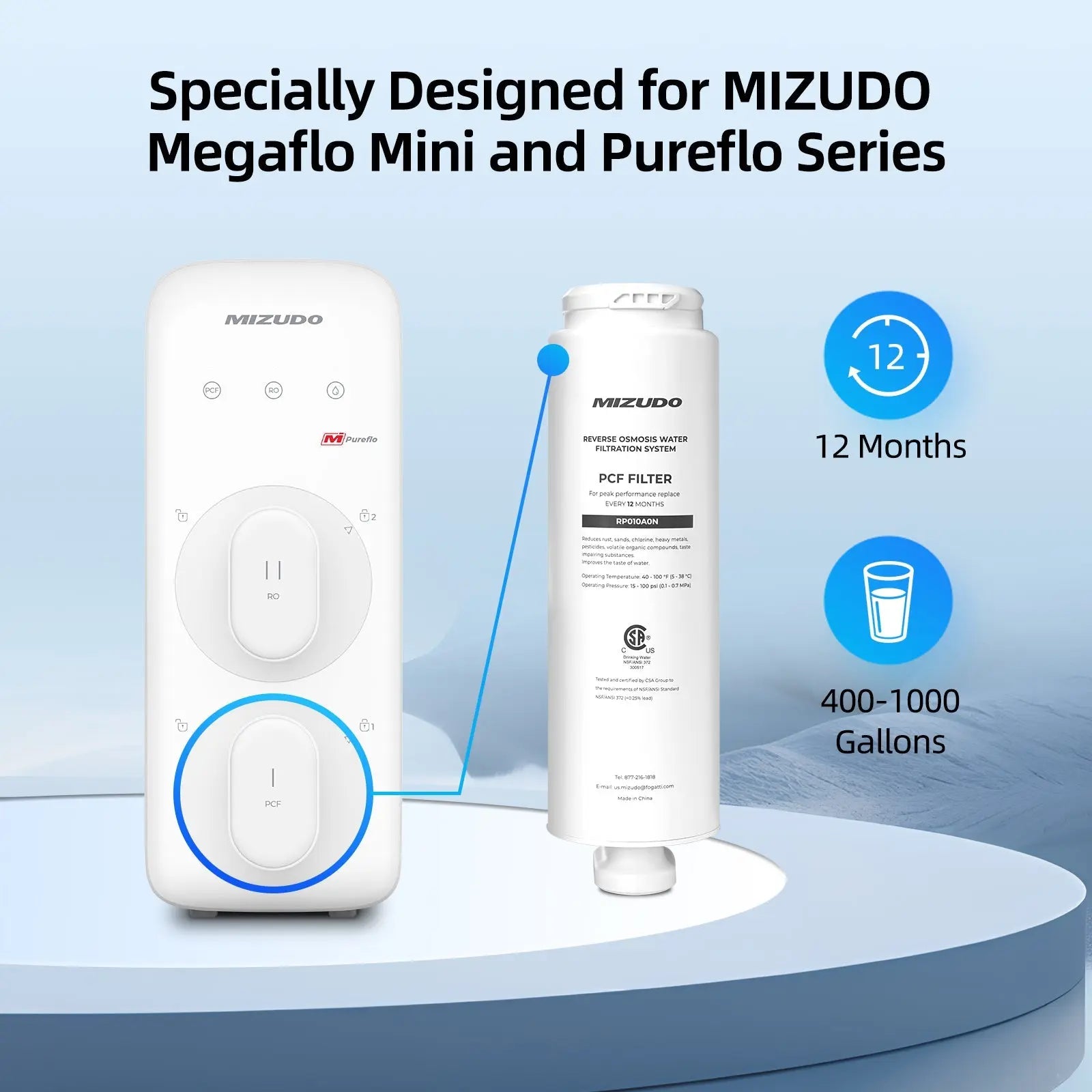 PCF Filter for Mizudo Pureflo & Megaflo Mini Reverse Osmosis Water Filter, Tankless Under Sink RO Water Filtration System