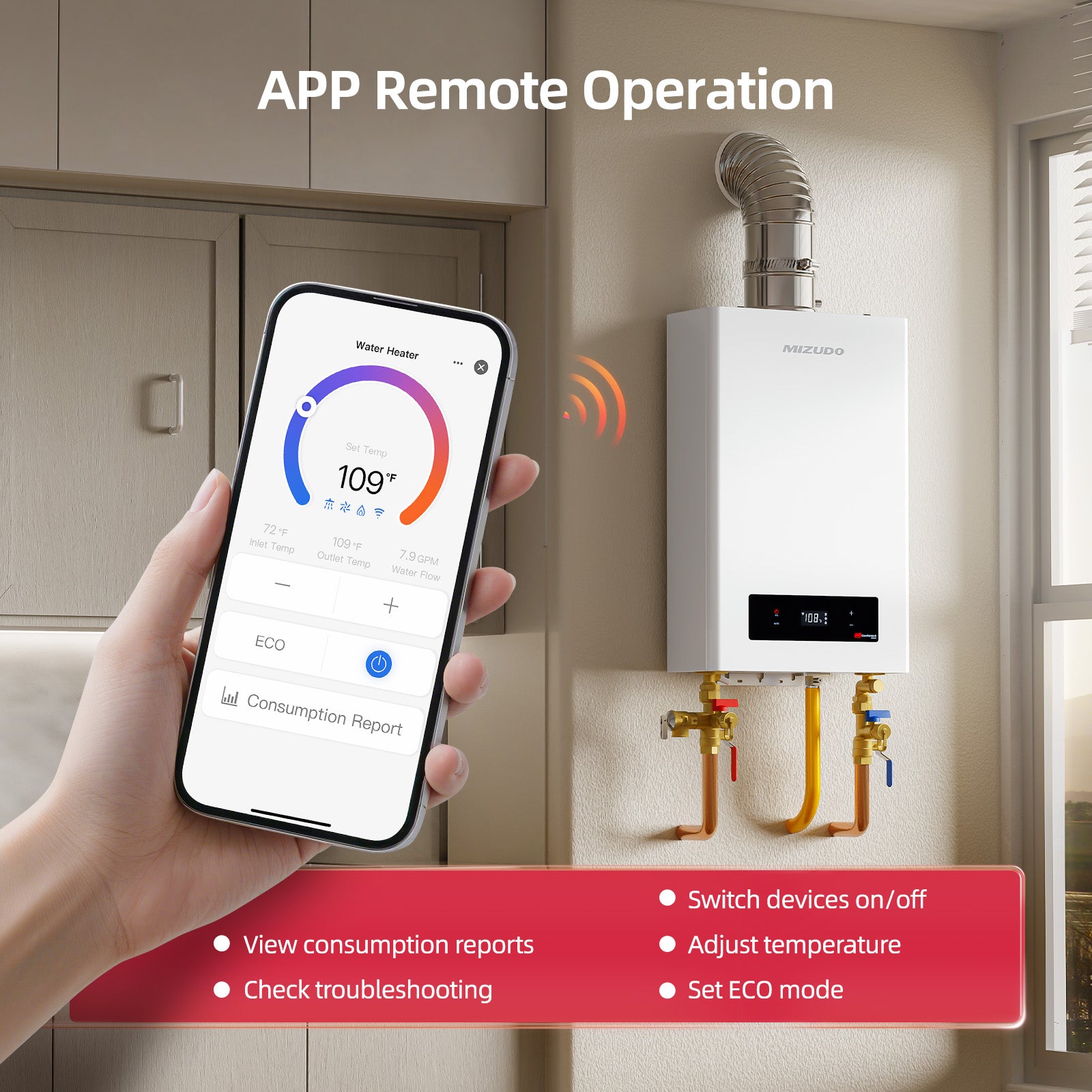 7.9 GPM 180,000 BTU Natural Gas Indoor Tankless Water Heater - Non-Condensing, Smart Wi-Fi | Mizudo
