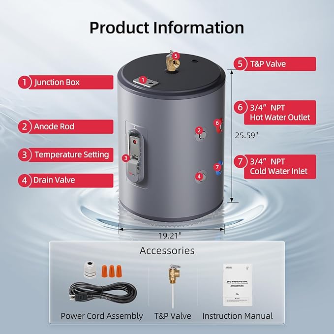 MIZUDO 18-Gallon Lowboy Electric Water Heater, 120V 1500W