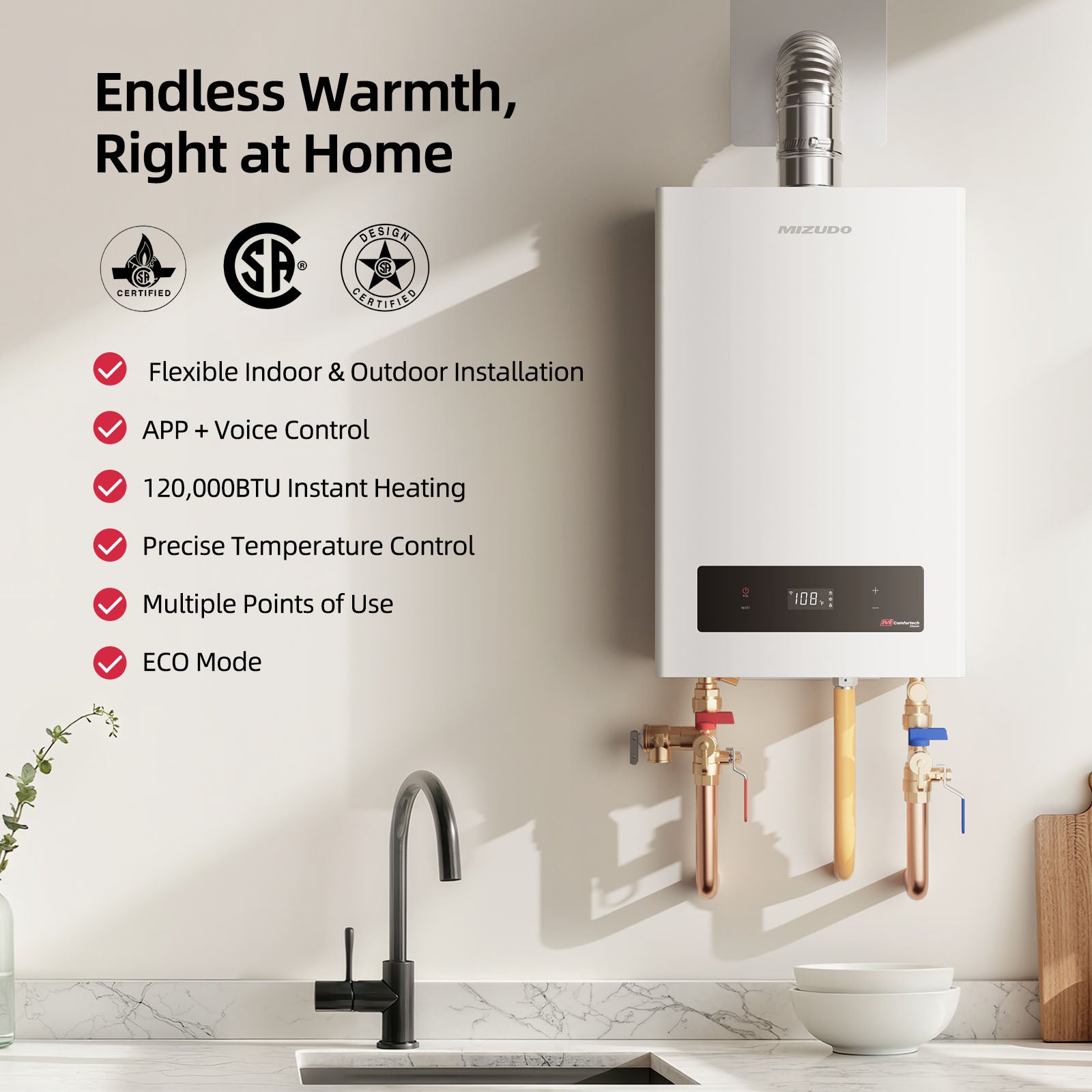 5.1 GPM 120,000 BTU Natural Gas Tankless Water Heater - Indoor/Outdoor Convertible, Wi-Fi | MIZUDO
