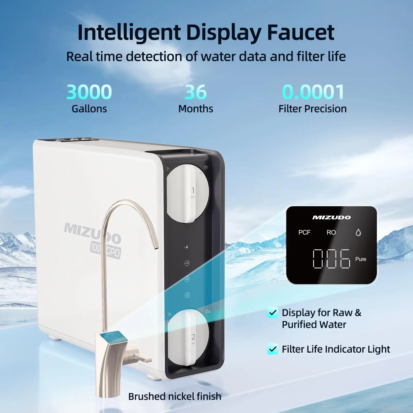 MIZUDO Tankless Reverse Osmosis Water Filter Intelligent Display 3000G Capacity Under Sink