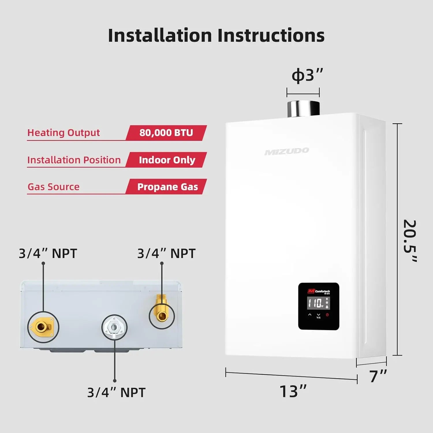MIZUDO Indoor Tankless Water Heater - Installation Guide, 80,000 BTU