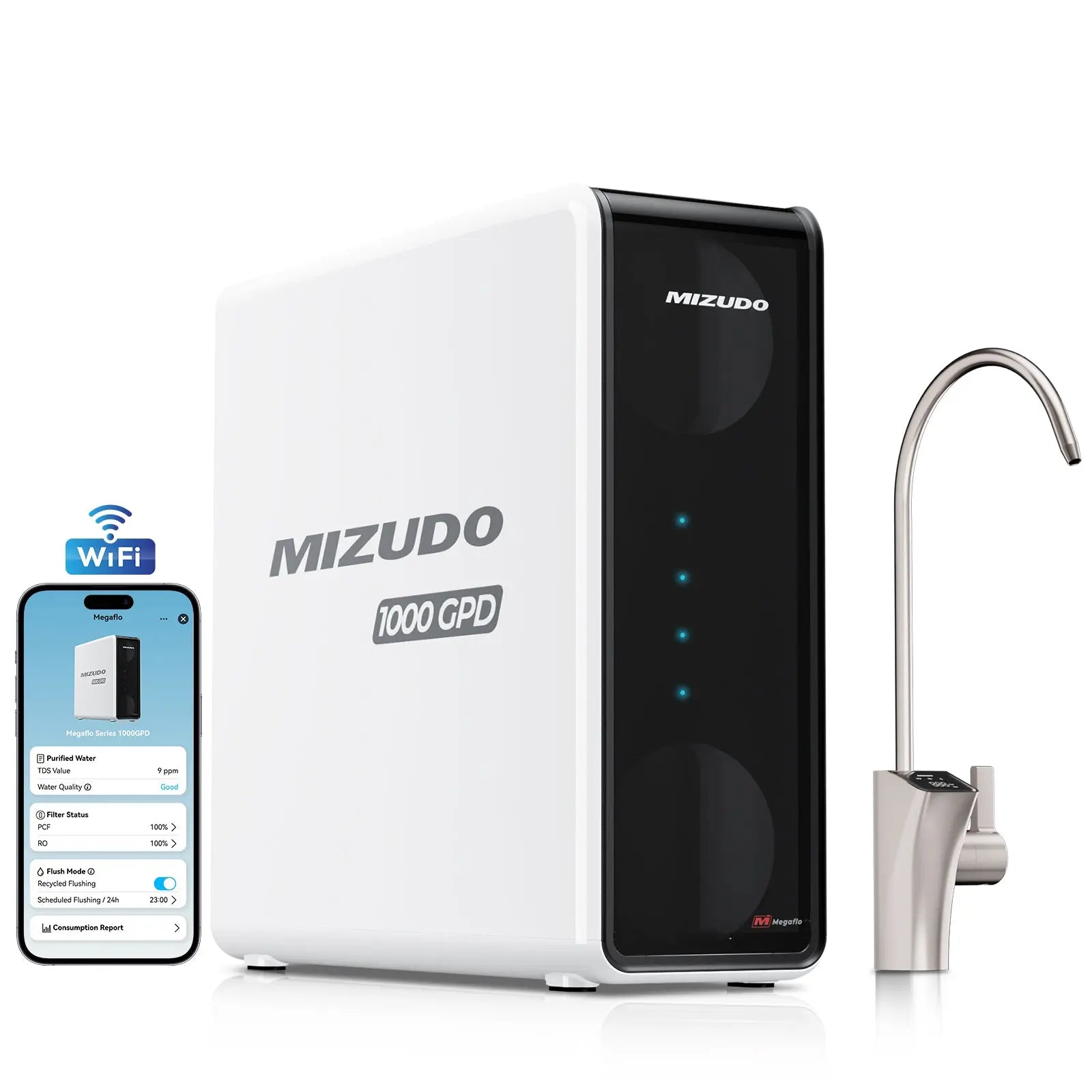 Smart WiFi tankless reverse osmosis water filter system with app control, smart faucet, and real-time TDS monitorin