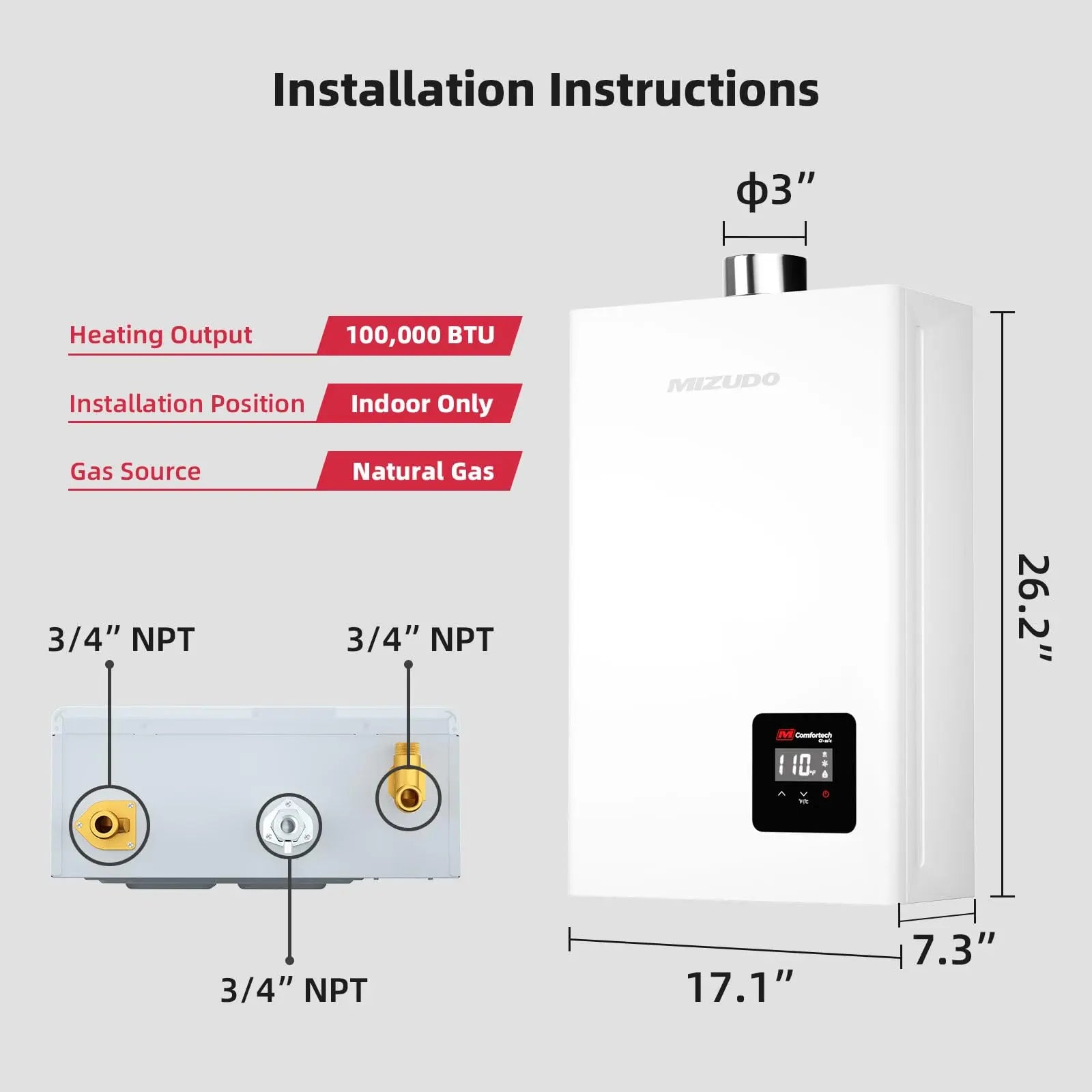 Non-Condensing 4.3 GPM 100,000 BTU -Indoor Natural Gas/Propane Tankless Water Heater White