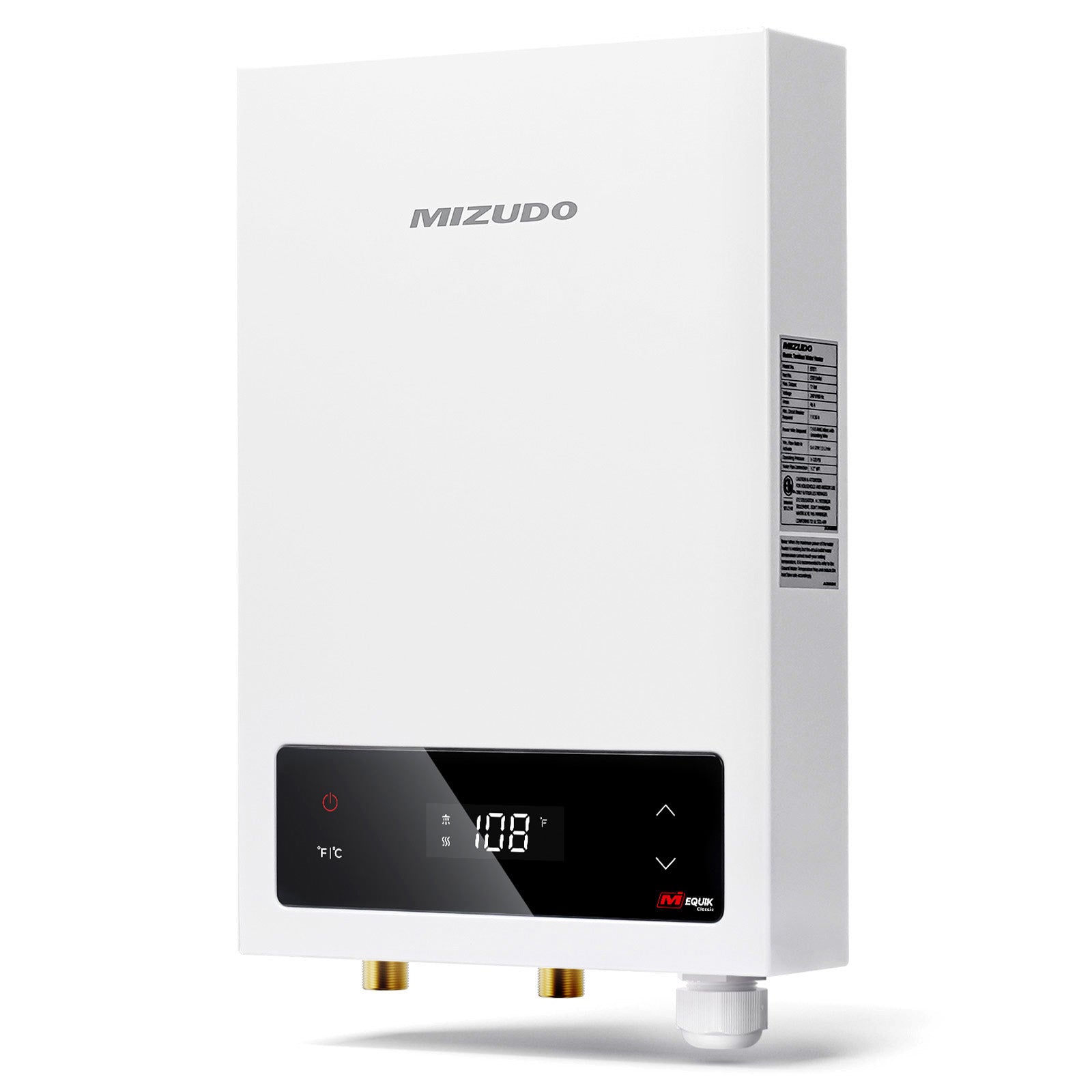 Angled side profile of the Mizudo 14kW instant hot water heater, showcasing its ultra-slim shape designed to save space in home, cabins, and small home installations.