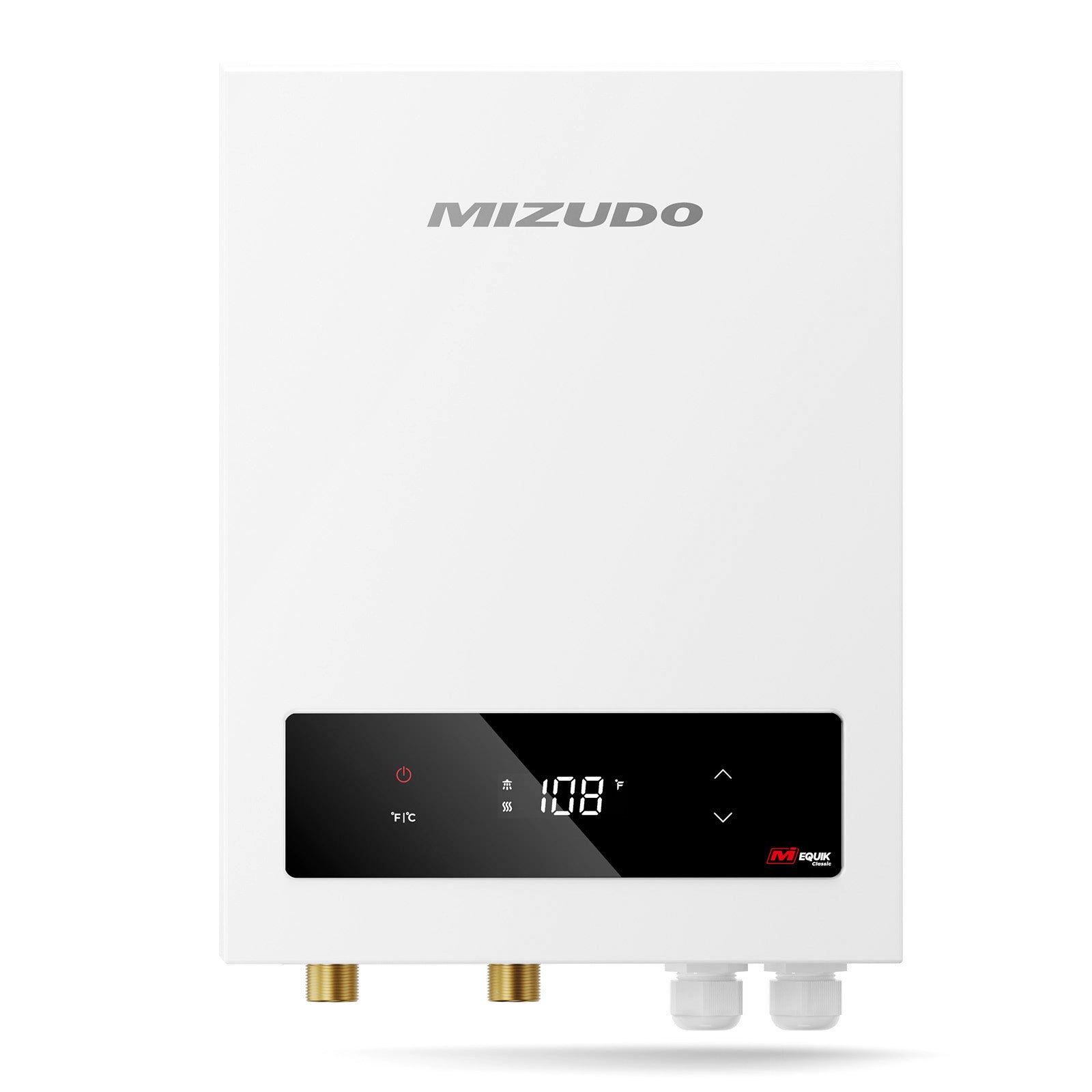 Front view of the white MIZUDO 24kW electric tankless water heater, designed for heavy-duty whole house use, featuring a digital LED touchscreen displaying 108°F