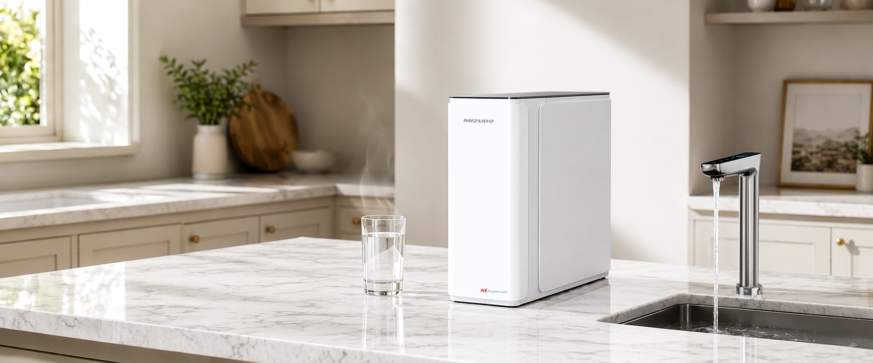 smart tankless reverse osmosis system with instant hot water dispenser installed on a modern kitchen countertop