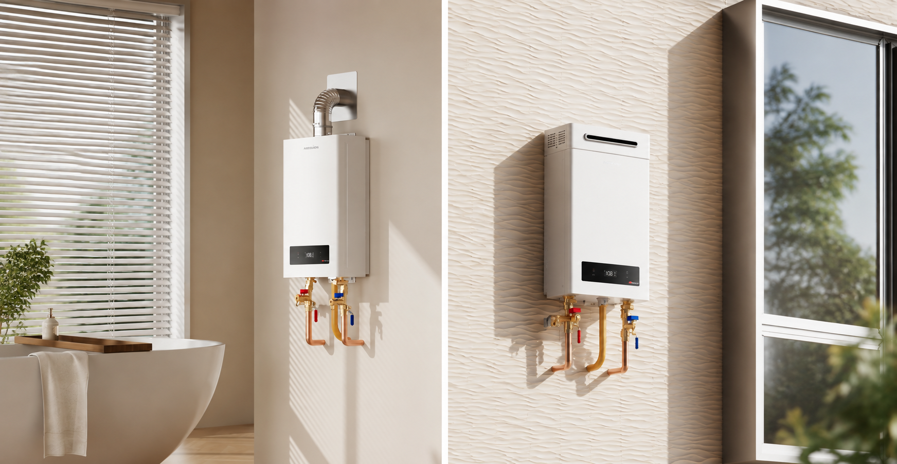 Indoor and outdoor propane tankless water heaters installed on interior and exterior walls