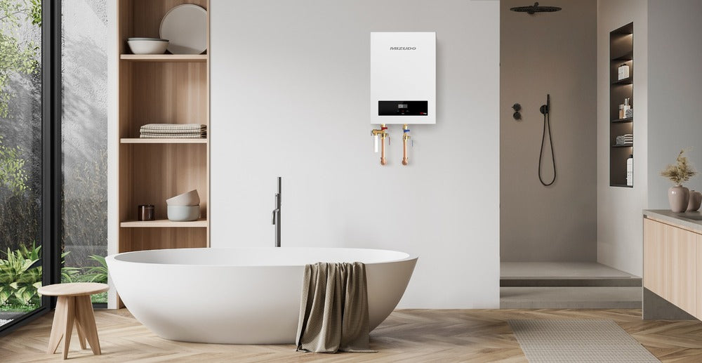MIZUDO tankless water heater installed in a modern bathroom, illustrating home hot water sizing.
