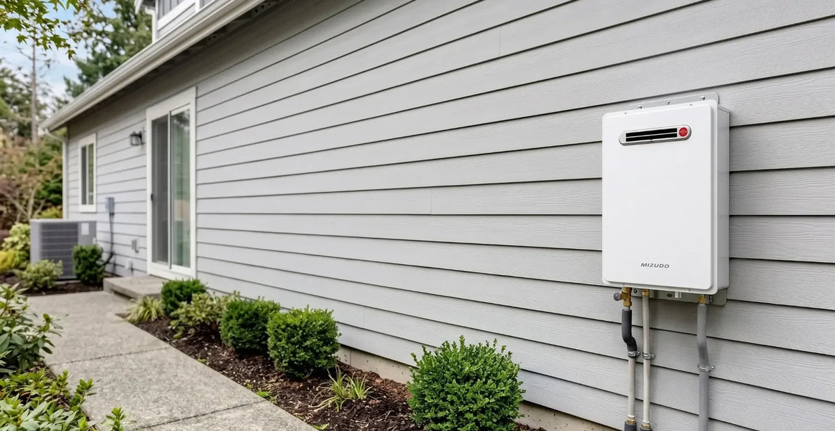 Outdoor Mizudo gas tankless water heater installed on the exterior wall of a home