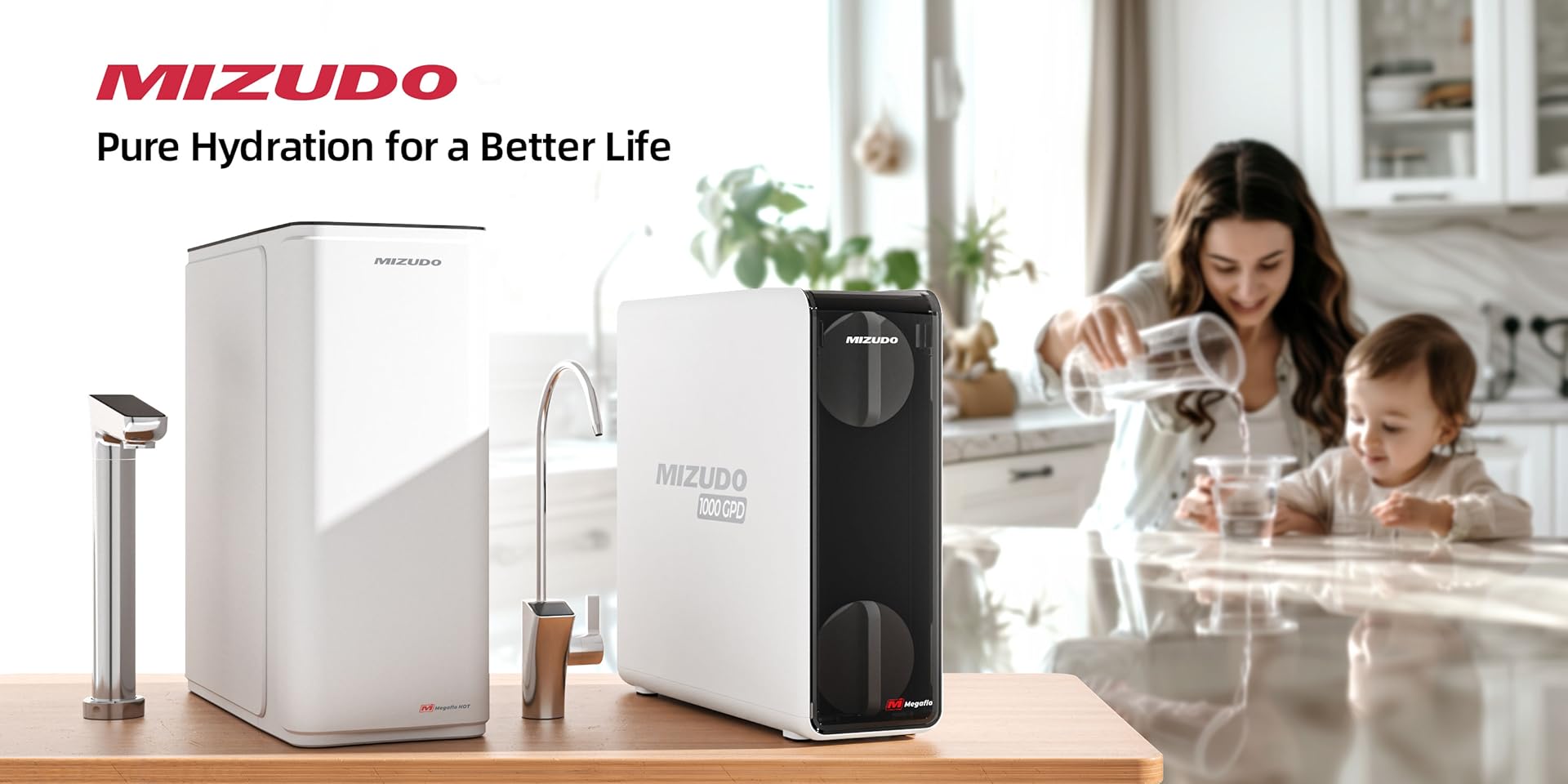 MIZUDO 1000 GPD tankless reverse osmosis water filter system on a kitchen counter, providing pure drinking water for a mother and child