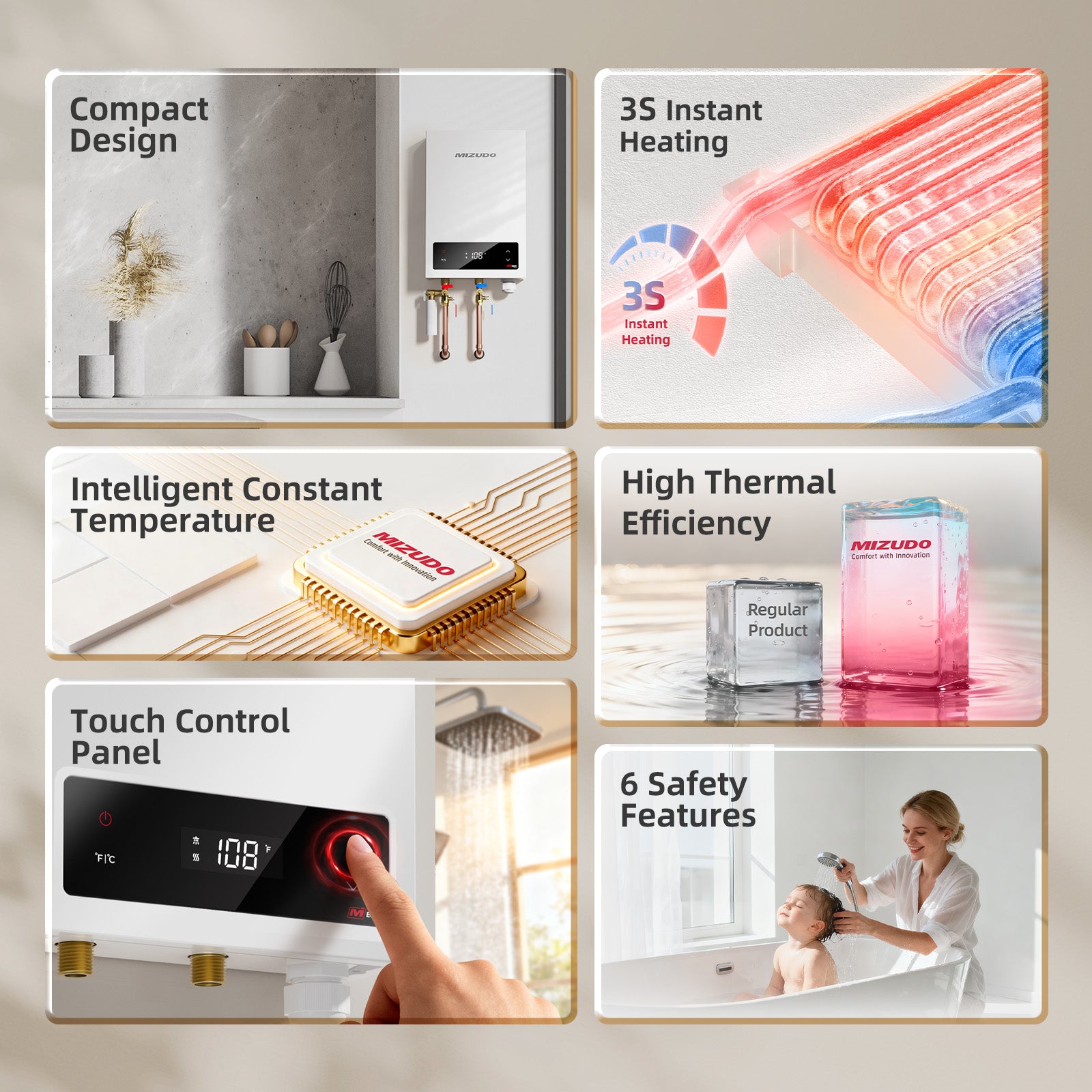 MIZUDO Electric Tankless Water Heater, Instant and Endless Showers, Compact Space-Saving, 11kW 240V