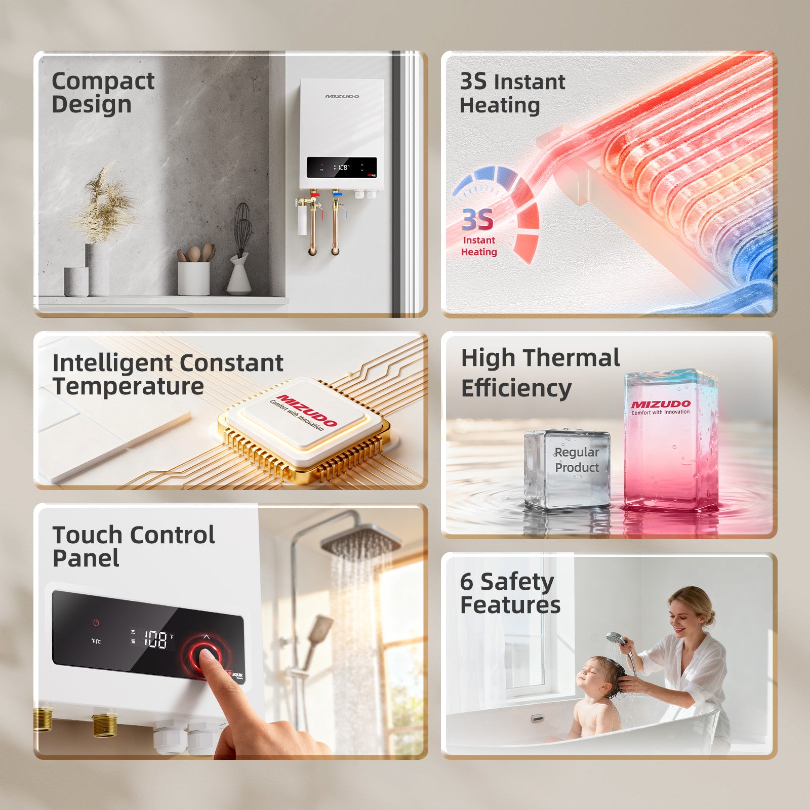 MIZUDO Electric Tankless Water Heater, Instant and Endless Hot Water, Ultimate Whole House Solution, 27kW 240V