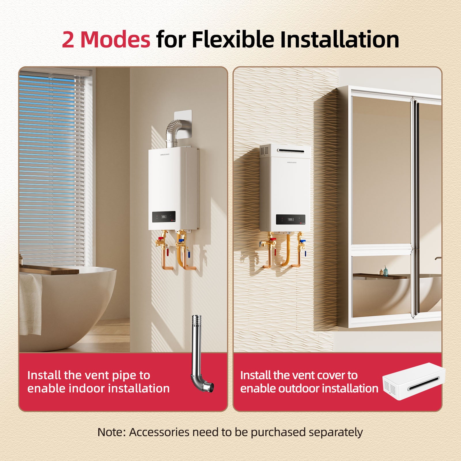 5.1 GPM 120,000 BTU Natural Gas Tankless Water Heater - Indoor/Outdoor Convertible, Wi-Fi | MIZUDO