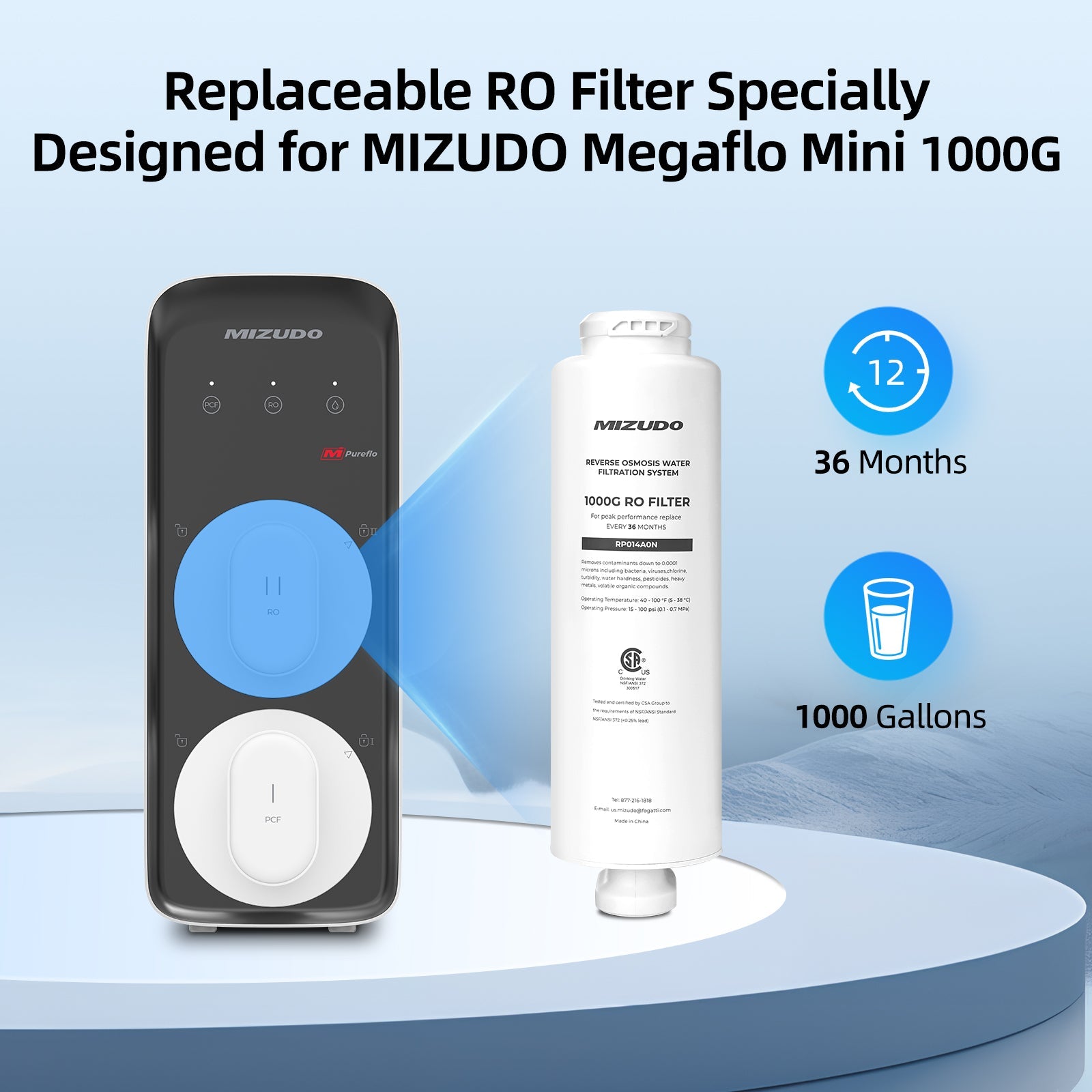 RO Filter for Mizudo Megaflo Mini 1000G Reverse Osmosis Water Filter, Tankless RO Water Filtration System Under Sink
