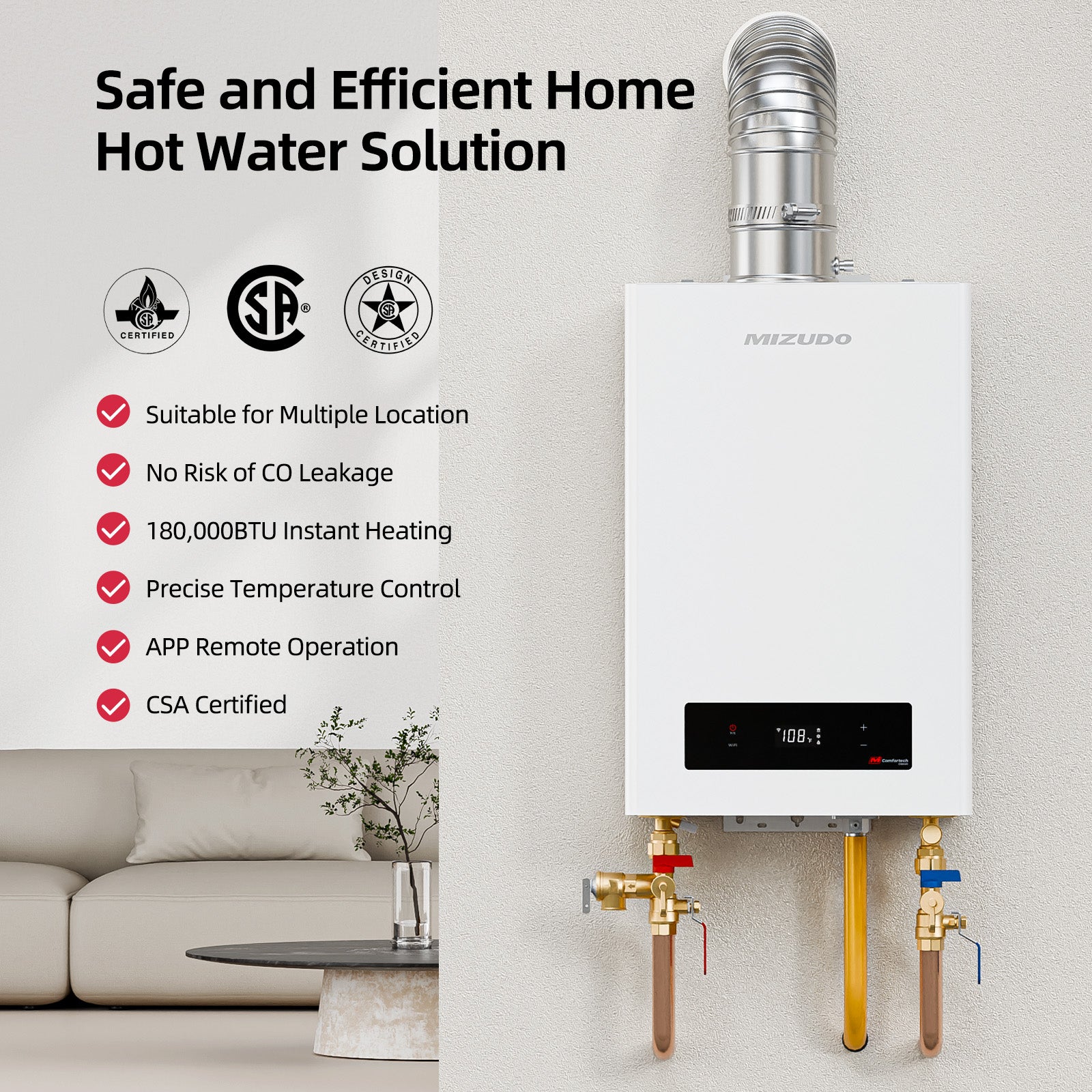 7.9 GPM 180,000 BTU Natural Gas Indoor Tankless Water Heater - Non-Condensing, Smart Wi-Fi | Mizudo