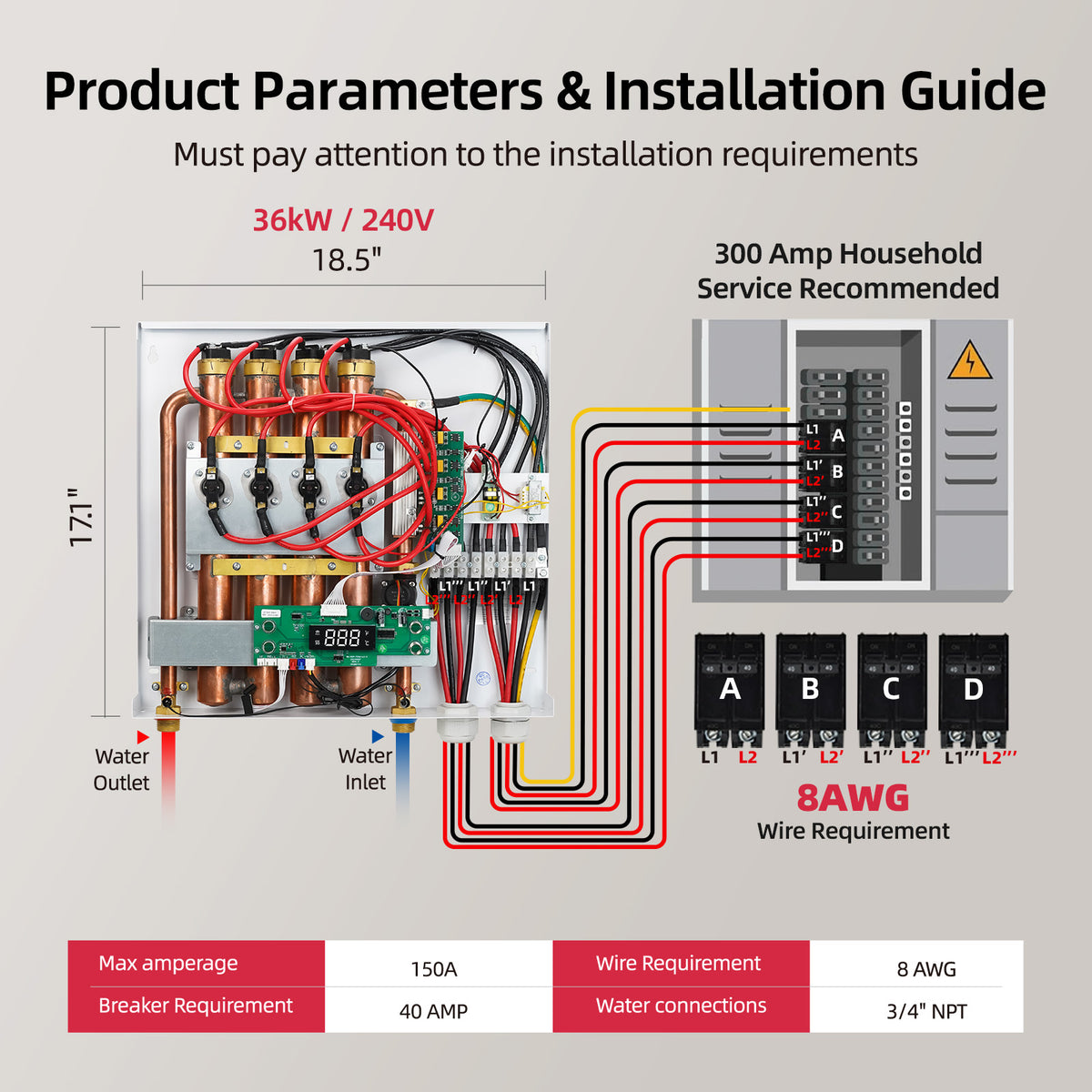 Tankless Water Heater Electric 36kW 240V 3s heating Whole House Shower
