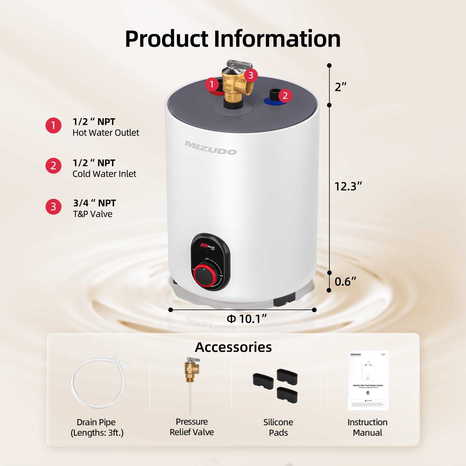 MIZUDO 1.5 Gallon Electric Mini Tank Water Heater, Instant Hot Water On Demand, Compact Under Sink Space-Saving, 120V Point of Use (White)