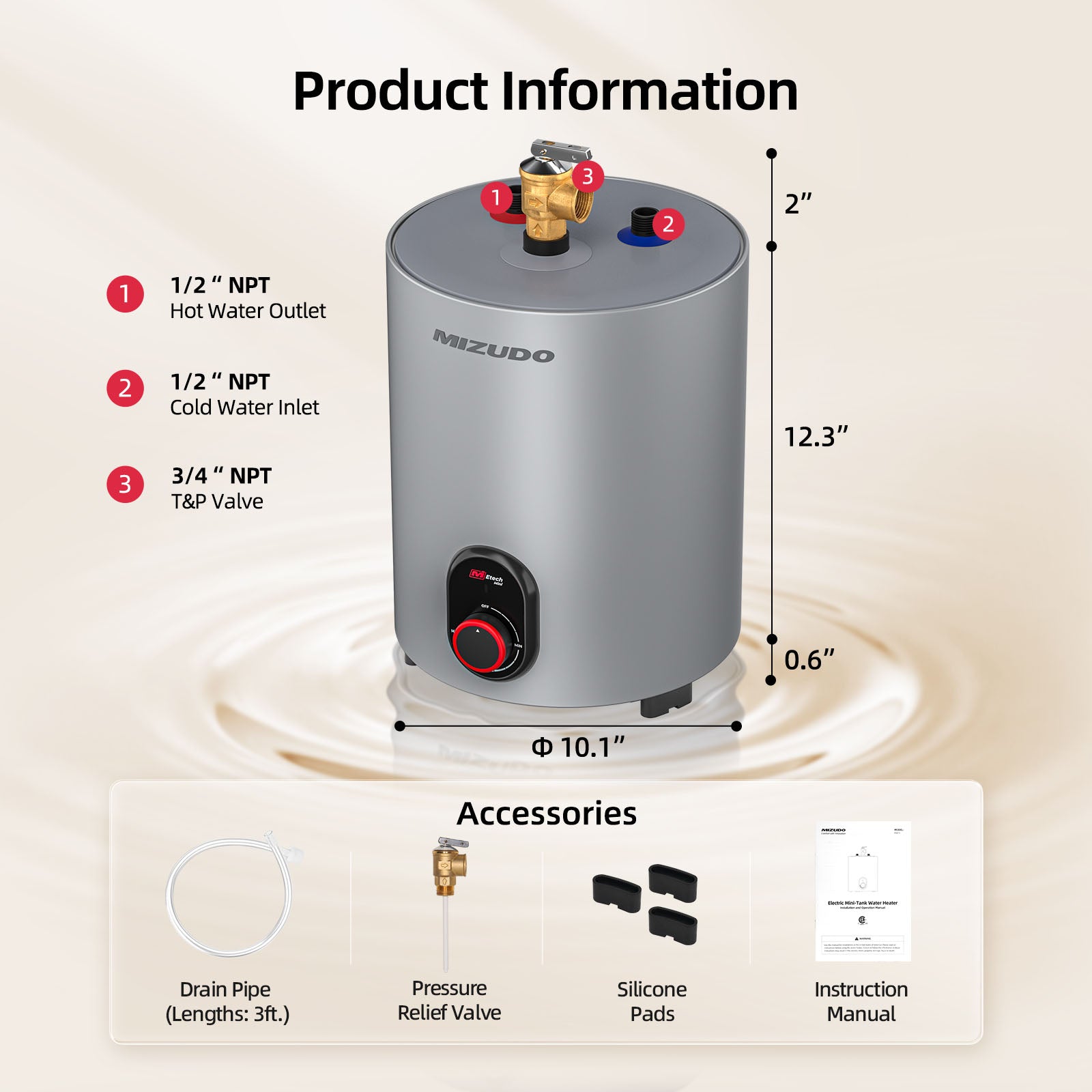 MIZUDO 1.5 Gallon Electric Mini Tank Water Heater, Instant Hot Water On Demand, Compact Under Sink Space-Saving, 120V Point of Use
