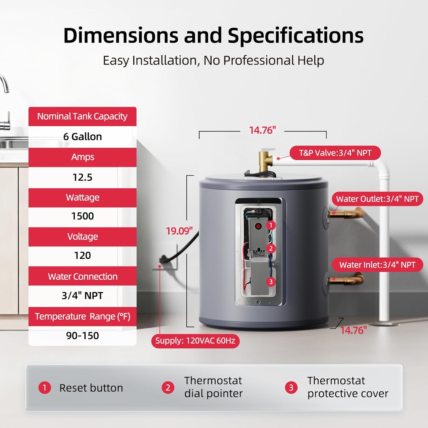 Compact 6 Gal Mini Tank Water Heater - MIZUDO 120V Electric Heater