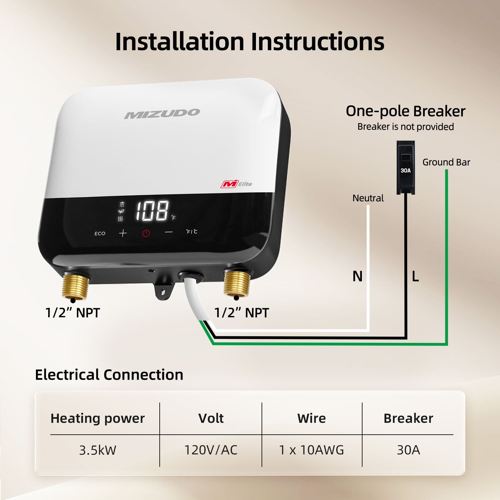 Mizudo 3.5kW Under Sink Electric Tankless Water Heater