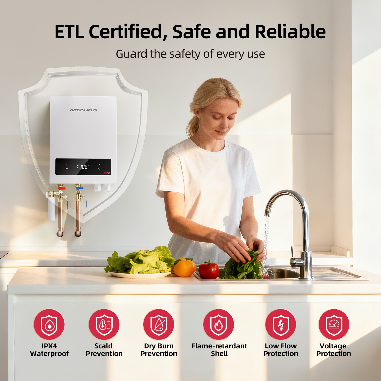MIZUDO Electric Tankless Water Heater, Instant and Endless Hot Water, Whole House Solution, 18kW 240V