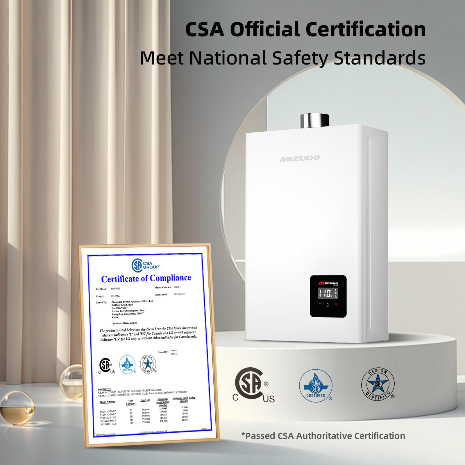 MIZUDO Natural gas tankless water heater  CSA Certification