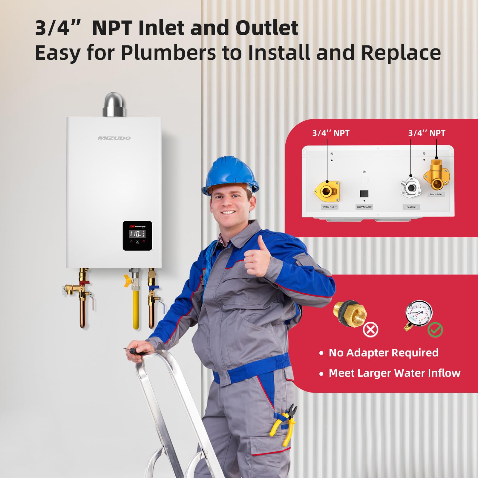 MIZUDO GAS Tankless Water Heater - 3/4'' NPT Easy Installation