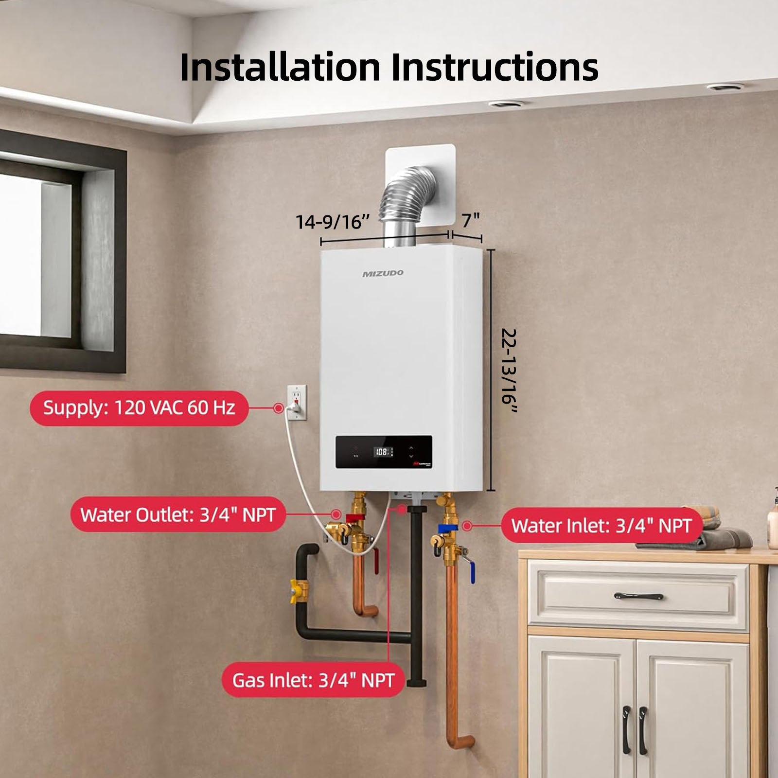 5.1 GPM 120,000 BTU Natural Gas Tankless Water Heater - Indoor/Outdoor Convertible, Wi-Fi | MIZUDO