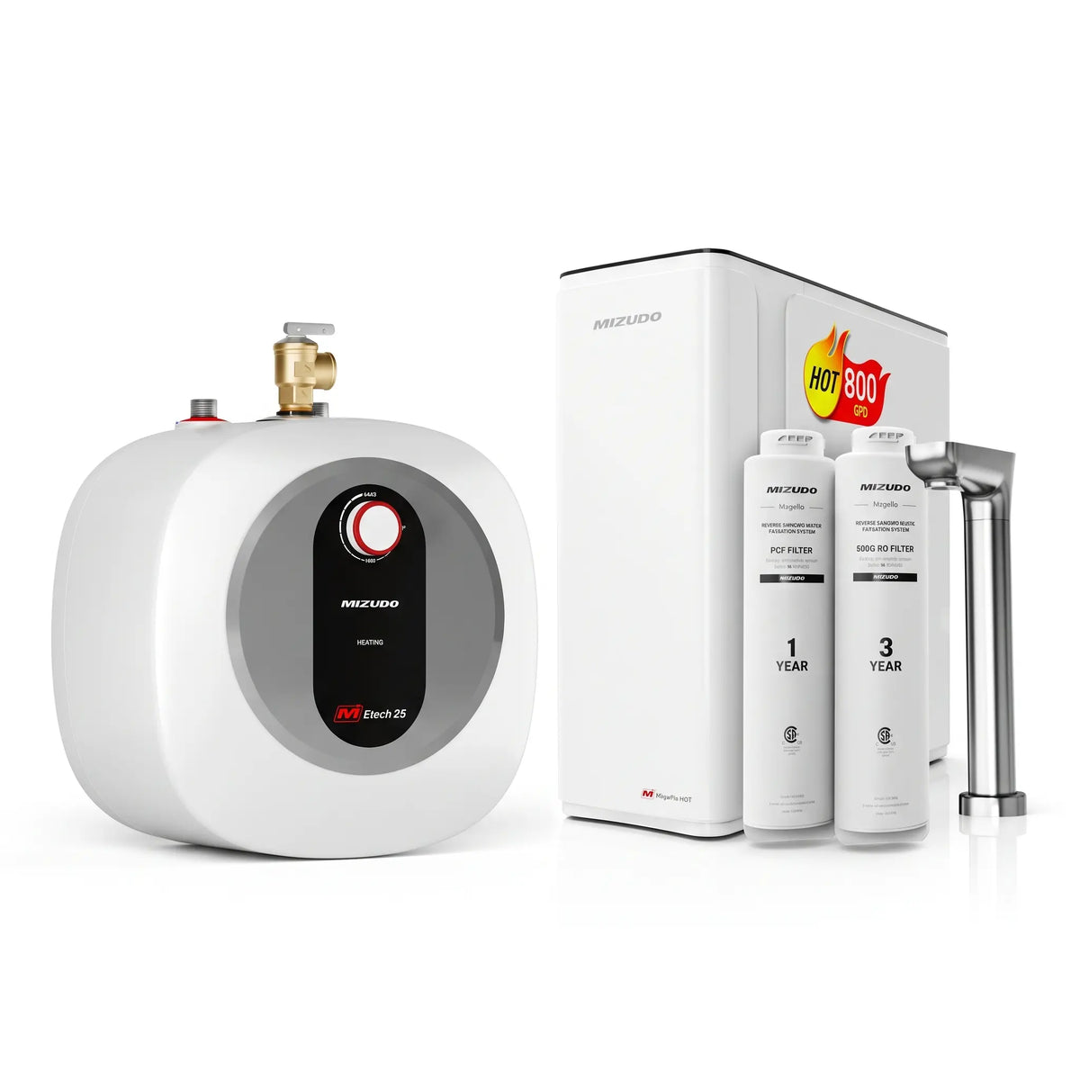 MIZUDO Kitchen Water Bundle – 800GPD Hot & Cold RO System + 2.5-Gallon Etech 25 Mini Tank Water Heater