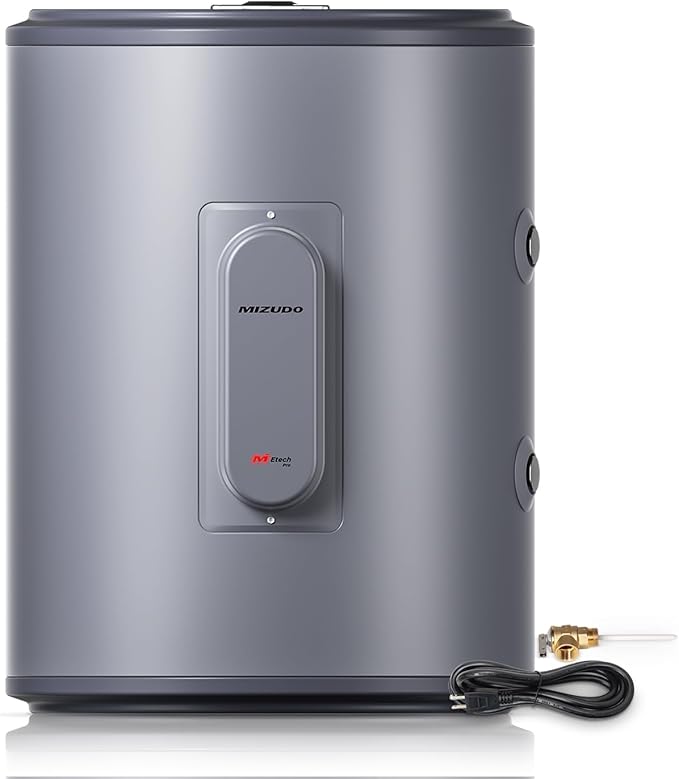 Front view of MIZUDO 18-Gallon Lowboy Electric Water Heater 120V, showing included plug-in power cord and T&P relief valve