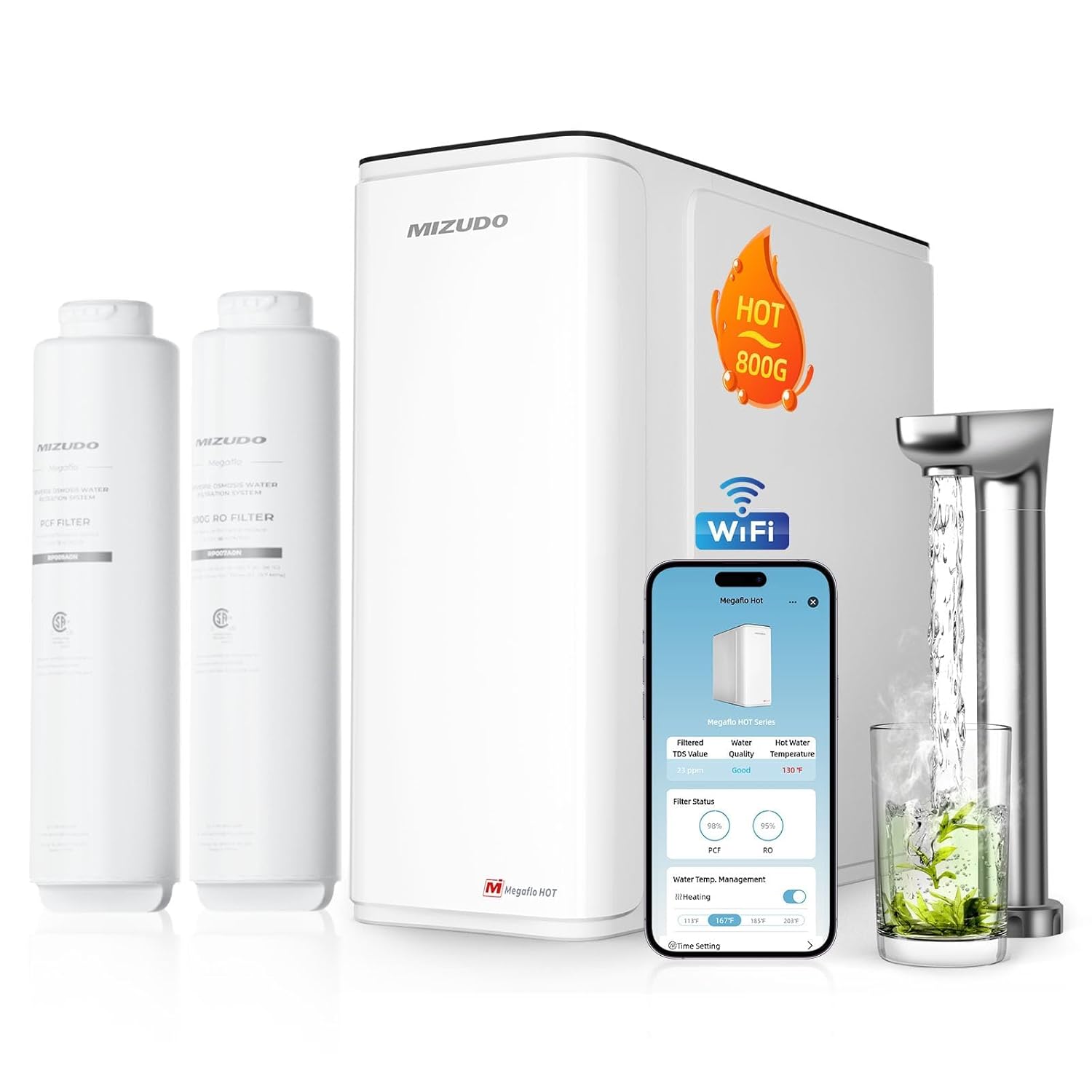 Mizudo 800GPD tankless reverse osmosis system with smart WiFi app control and instant hot water faucet