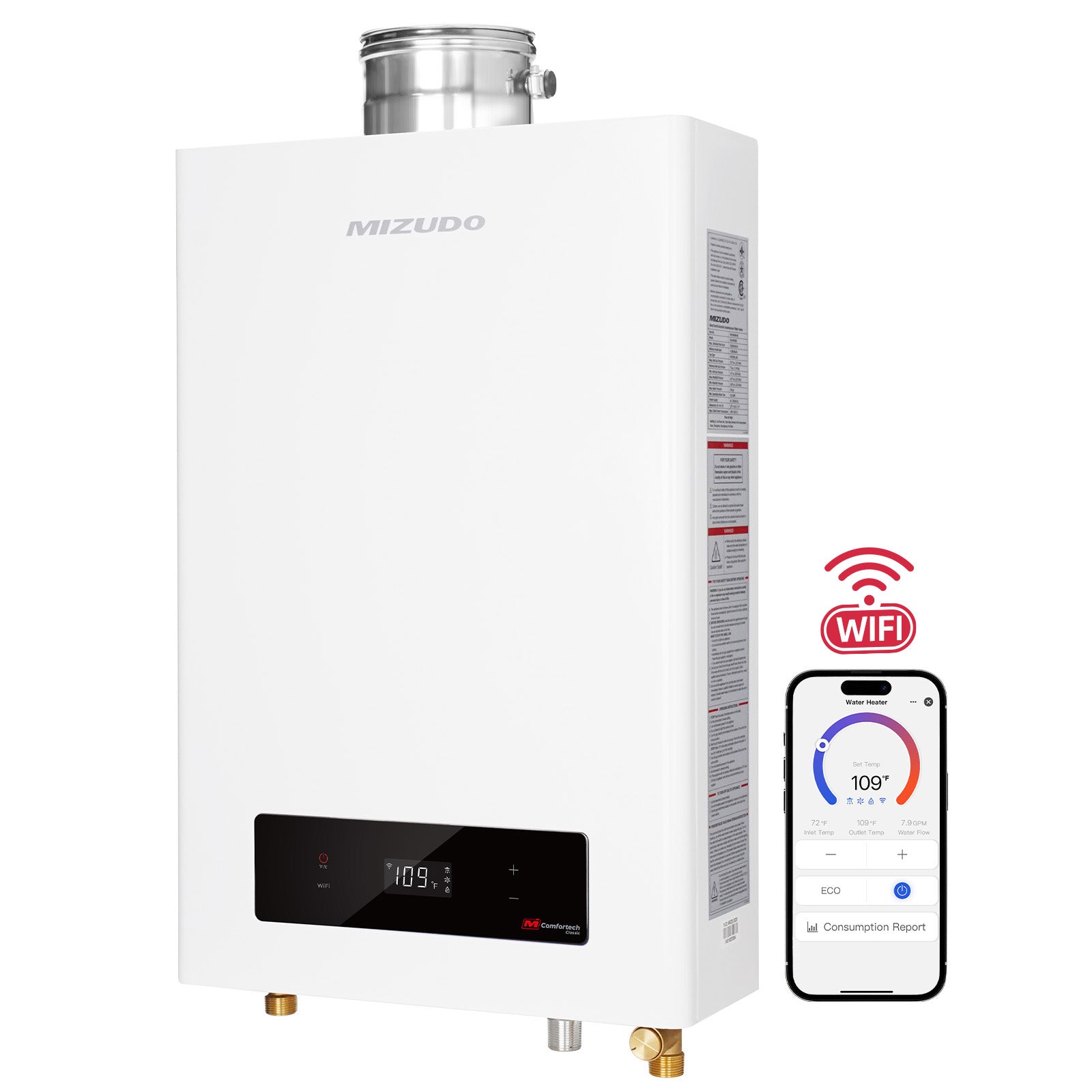 Smart Wi-Fi enabled Mizudo gas tankless water heater showing remote smartphone app control for easy temperature adjustment