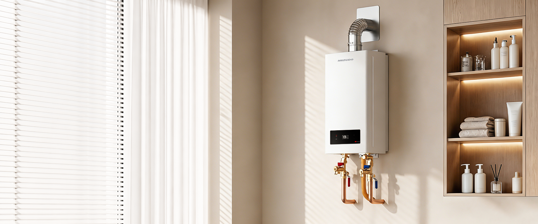wall-mounted tankless water heater with digital temperature display and cast aluminum heating technology in a modern home
